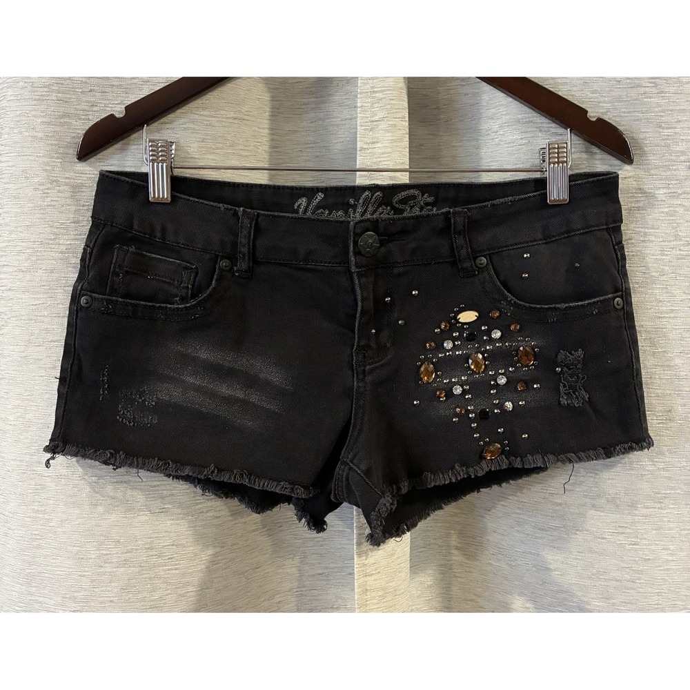 VANILLA STAR Distressed Cut Off Blue Jean Shorts Lace Embellishment Womens SZ 11